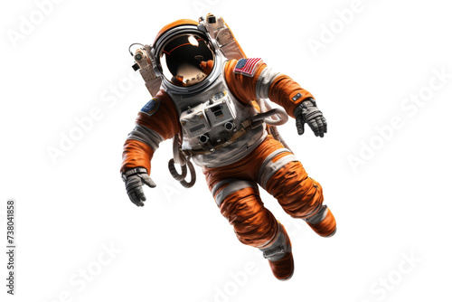 Astronaut Floating in Air Wearing Orange and White Spacesuit. An astronaut wearing an orange and white spacesuit floats in the air, showcasing the incredible experience of weightlessness in space.