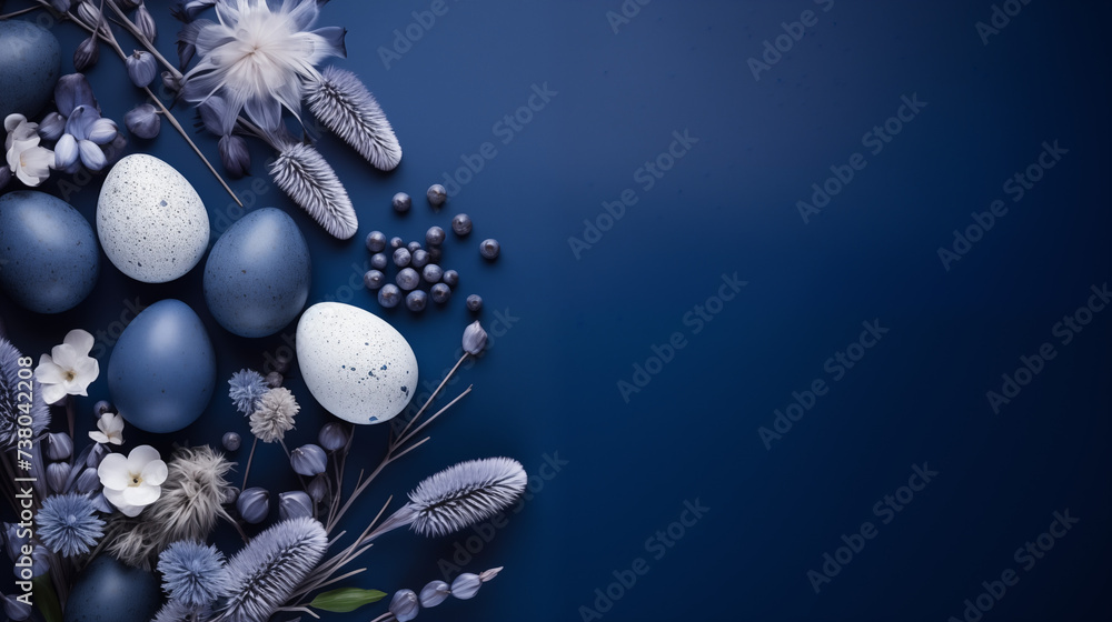 Minimalistyczne granatowe tło na życzenia Wielkanocne. Alleluja - Wesołych świąt Wielkiej Nocy. Jajka, koszyczek, kwiaty i inne wiosenne dekoracje. - obrazy, fototapety, plakaty 