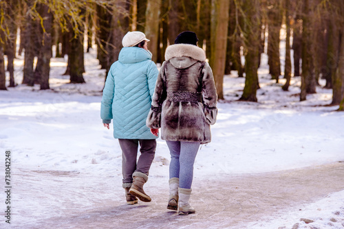 Two women walk along the path in the winter Park 