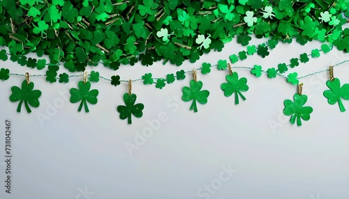 Happy St. Patricks day background with Green glitter shamrocks garland hanging with clippers created with generative ai   
