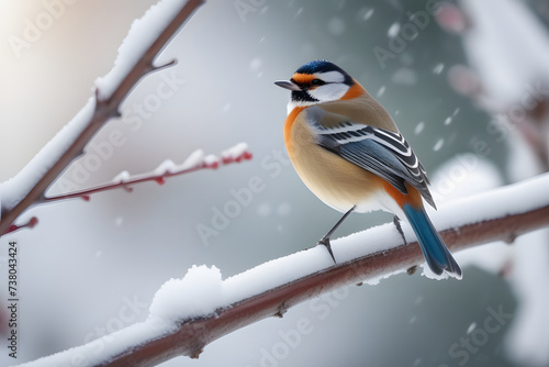 Bird Sitting on Branch in Snow