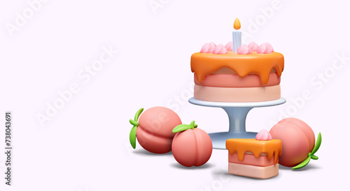 Multi layered cake on stand with candle, ripe peaches. Realistic cream cake mold with topping