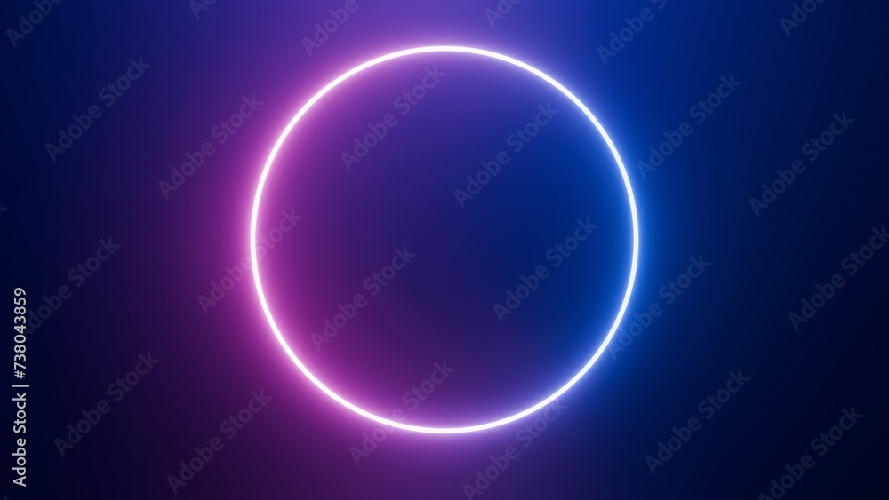 Blue pink neon round frame. Ultraviolet light. Fashion show stage on abstract background. Neon circle.