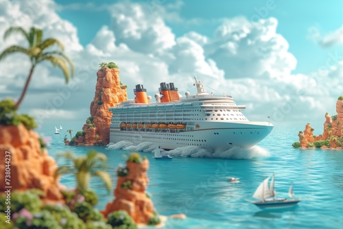 The concept of a round-the-world trip with luggage. A cruise ship at sea . 3d illustration photo