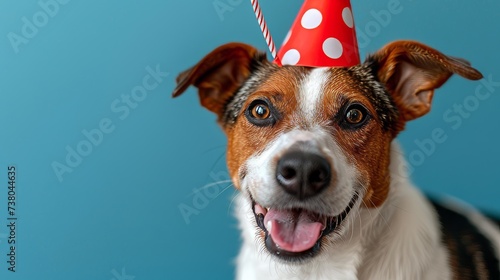 Cute dog celebrating with red pary hat and blow-out on blue background with copy space