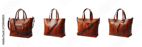 Set of Brown Leather Tote Bag, illustration, isolated over on transparent white background