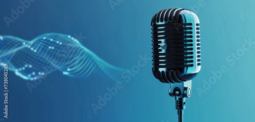 microphone with waveform on blue background, podcast banner concept