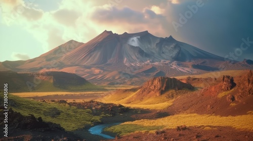 Volcanic mountain range with crater on wilderness in summer, colorful volcanic mountains Landmannalaugar in Iceland photo