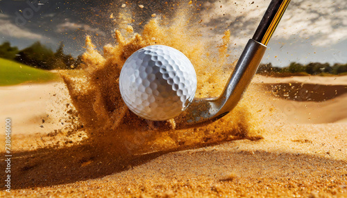 Dynamic Impact of golf Swing. Closeup of a white golf ball and a metal golf club on a golf course in a sand trap. Generative Ai.