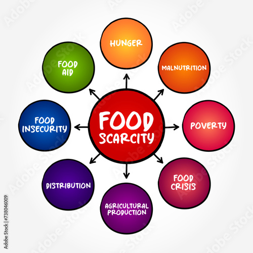 Food scarcity - lack of consistent access to enough food for every person in a household, mind map text concept background