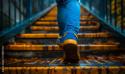 Close-up view of a person's feet in blue shoes walking up wet stairs sprinkled with autumn leaves on a rainy day, depicting the concept of perseverance and daily commute