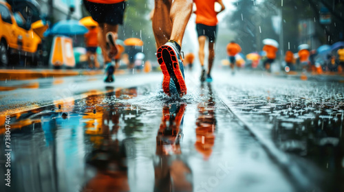City marathon race in bad rainy weather, closeup of runners feet going through a puddle, reflection in water.