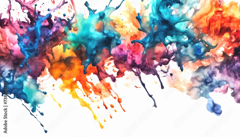 Colorful spots of paint. Watercolor stains on a white. Rainbow design of multi-colored blots on white. Background with top view of abstract colored ink blots. AI generated