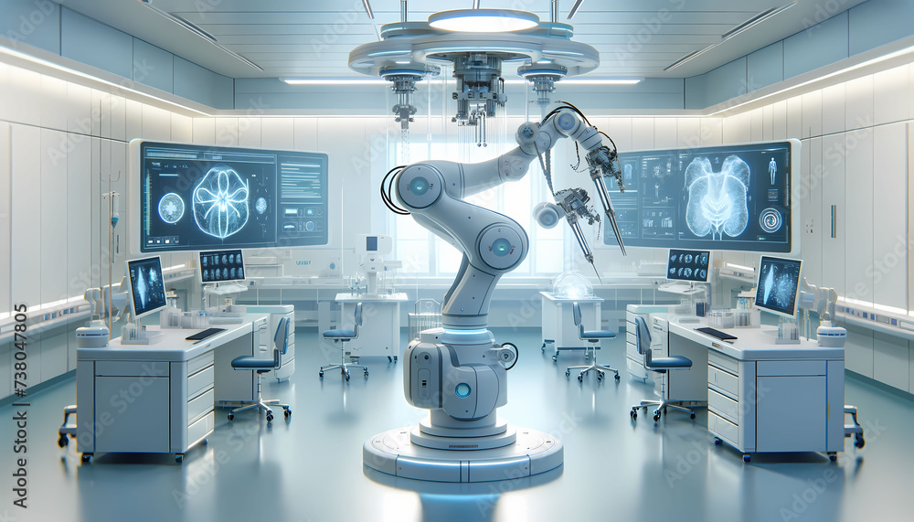 A serene medical laboratory, where robotic process automation introduces next-generation healthcare robots. These machines, designed with a human touch, perform intricate procedures