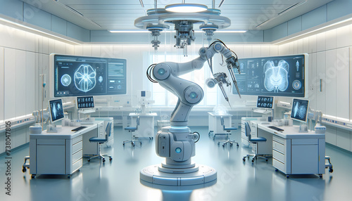 A serene medical laboratory, where robotic process automation introduces next-generation healthcare robots. These machines, designed with a human touch, perform intricate procedures