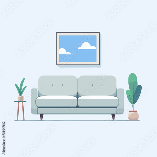 flat design illustration of simple space decoration with sofa chair, painting, and houseplants