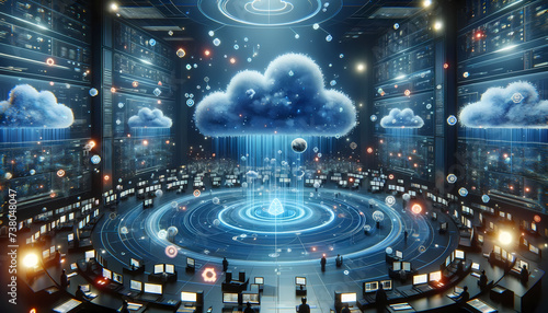 An immersive visualization of a cloud-based data platform, featuring seamless integration and data fluidity. The virtual space is filled with floating data nodes