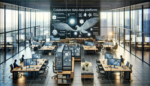 A collaborative data platform workspace designed to enhance innovation and creativity in data analysis. The open-plan space is outfitted with interactive touchscreens and smart boards