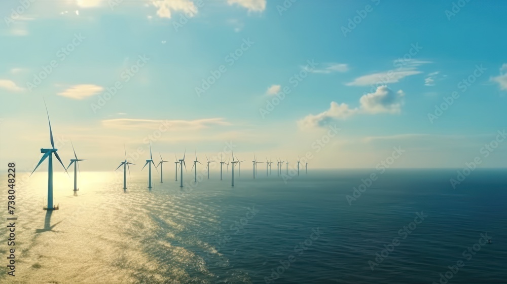 Windmill park in the ocean, drone aerial view of windmill turbines generating green energy electrically, windmills isolated at sea in the Netherlands. Windmill park in the ocean, drone aerial view of windmill turbines generating green energy electrically, windmills isolated at sea in the Netherlands.