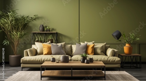 Modern Olive Green and Tan Living Room