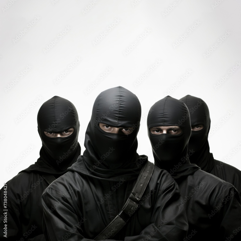 A team of elite ninja assassins, clad in sleek black attire, strikes a powerful pose against a pristine white backdrop, showcasing their formidable skills and unity. Generative AI. A team of elite ninja assassins, clad in sleek black attire, strikes a powerful pose against a pristine white backdrop, showcasing their formidable skills and unity. Generative AI.