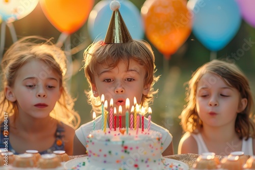 A young boy focused on blowing out candles on his birthday cake with friends around in soft twilight