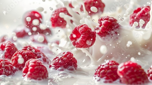 Raspberries falling  nto the milk,  photo