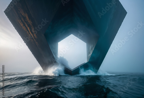 massive structure resembling a cube or octagon sits atop the ocean, with the top half appearing to be a triangular prism. The structure is surrounded by choppy waters and a misty, gray sky. photo
