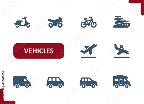 Vehicles Icons. Vehicle, Scooter, Bike, Motorcycle, Yacht, Plane, Van, Car Icon