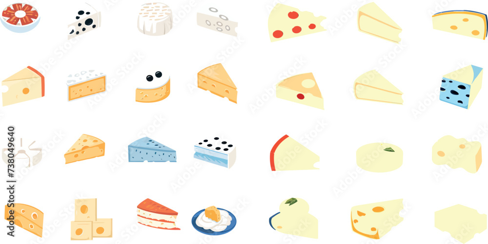 Cheese flat glyph icons set. Parmesan, mozzarella, yogurt, dutch, ricotta, butter, blue chees piece vector illustrations