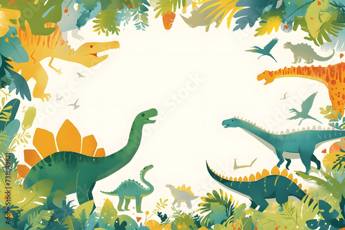 Cute cartoon dinosaur frame border on background. © Pacharee
