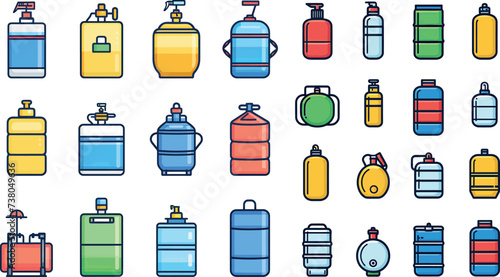Water tank flat line icons set. Liquid storage, plastic container, rainwater harvesting, oil plastic barrel, vector illustrations photo