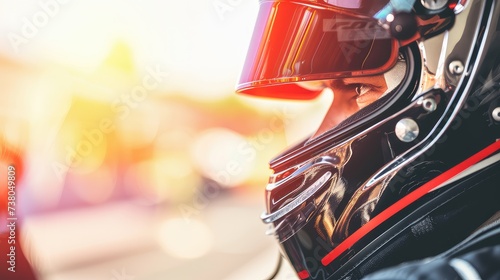 A Formula 1 pilot in a helmet before start of the race. A symphony of focus and intensity dances in his eyes, revealing the unwavering dedication that fuels his pursuit of victory on the racetrack.