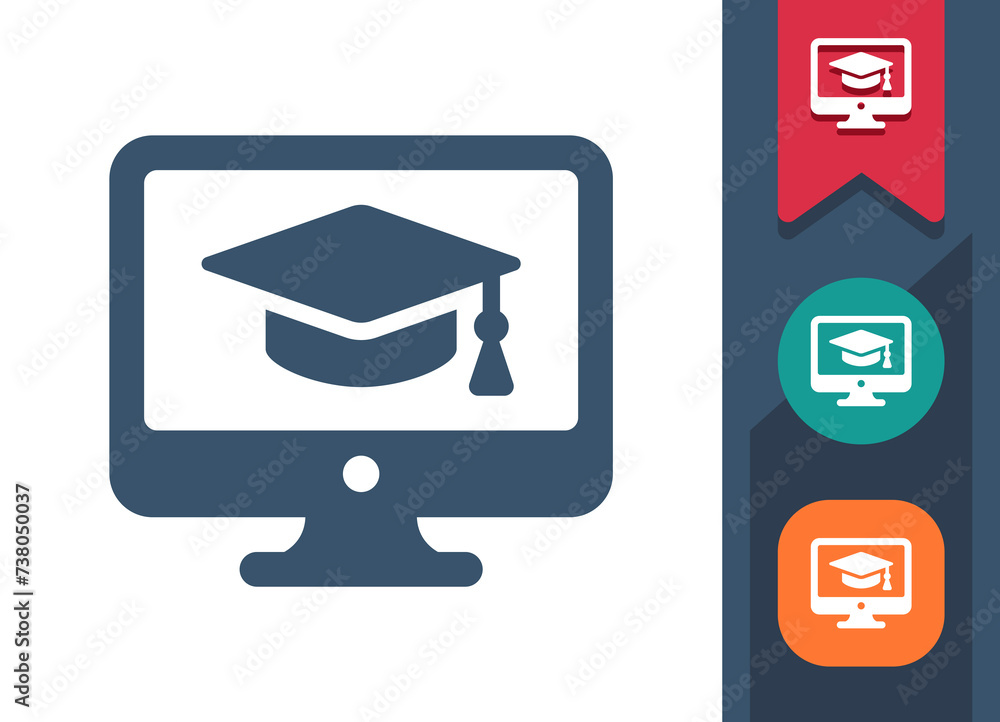 Computer Screen Icon. Monitor, PC, Online Courses, Education, Mortarboard Computer Screen Icon. Monitor, PC, Online Courses, Education, Mortarboard