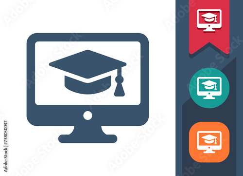 Computer Screen Icon. Monitor, PC, Online Courses, Education, Mortarboard