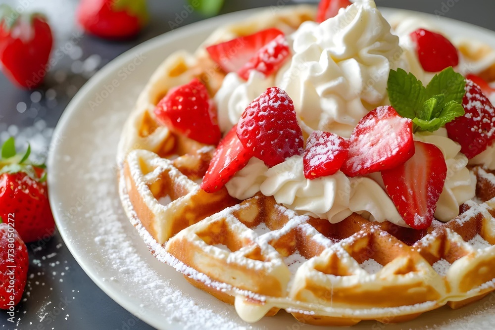 Detailed shot of a Belgian waffle, with toppings of strawberries and cream, dessert cuisine, stock photo quality. Detailed shot of a Belgian waffle, with toppings of strawberries and cream, dessert cuisine, stock photo quality.