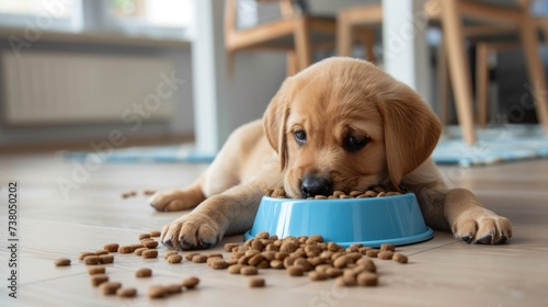 The little puppy stared thoughtfully at a blue bowl full of dog food. which are scattered on the floor