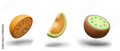 Half orange, kiwi, slice of melon. Cut fruits and vegetables. Vector templates