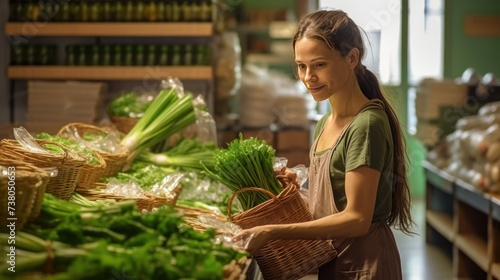 Woman in zero waste shop shopping for farm grown vegetables, picking ripe green onions. Client in plastic free local grocery shop using decomposable photo