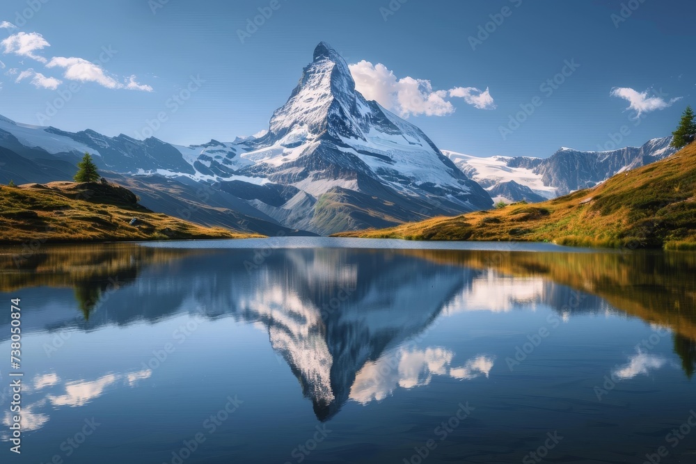 Stunning image capturing the reflection of Matterhorn peak in the calm waters beneath, surrounded by alpine beauty Stunning image capturing the reflection of Matterhorn peak in the calm waters beneath, surrounded by alpine beauty