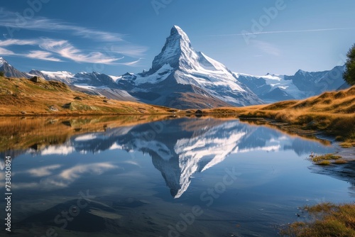 Dramatic scene with the famous Matterhorn mirroring in a lake, vibrant sky creating a magnificent backdrop