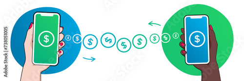 Money flow concept. Mobile payment success. Received and transferred with check mark on screen. Woman's hand transacting with smartphone, sending and receiving money with online banking payment app.