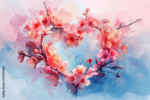 Abstract watercolor painting with hearts, flowers and pinks. Birds perch gracefully on blooming branches. Stimulate love and romance © VRAYVENUS