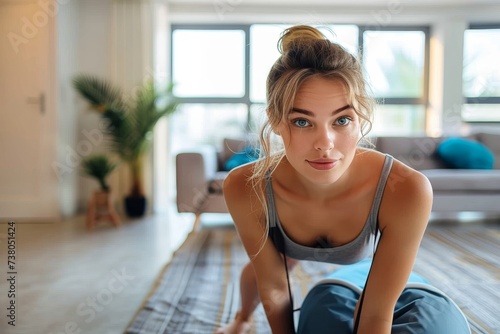 A young and attractive woman is stretching, preparing for exercise in her bright and airy living home Free Download A young and attractive woman is stretching, preparing for exercise in her bright and airy living home - GFXLoad