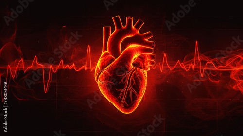 Abstract human heart shape with red cardio pulse line. Creative stylized red heart cardiogram with human heart on black background. Health, cardiology, cardiovascular diseases concept 