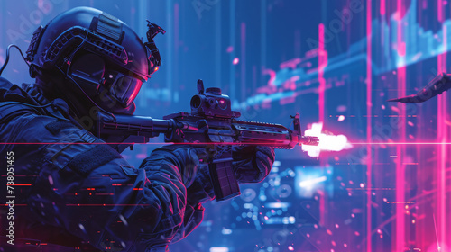 action shooter AAA videogame gameplay with information datum design for console or web 3.0 playing to earn gaming crypto tokens and cryptocurrency project future as wide banner UI 
