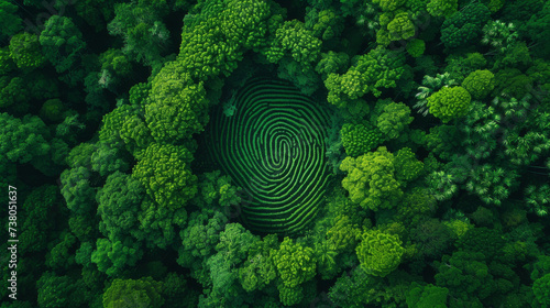 Aerial top down view of a green forest with human fingerprint in the middle , deforestation and human impact on nature biodiversity concept illustration 