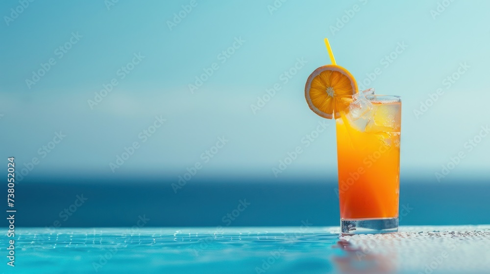 A bright summer cocktail in a tall glass with a straw stands on the edge of the pool on the left
