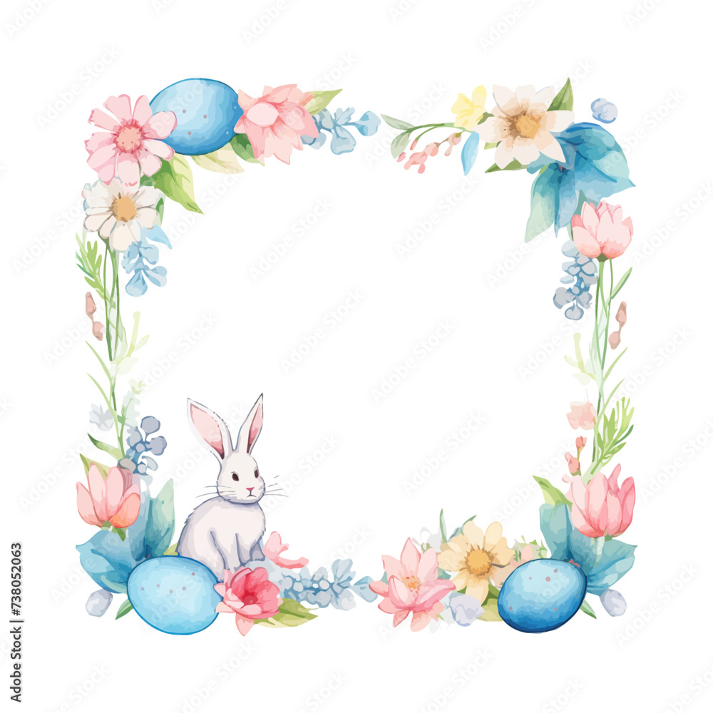 .Square Easter frame with flowers, colored eggs and rabbit. Vector illustration design..