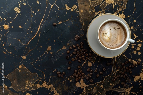 Unwind with a top-view image of a coffee cup and scattered beans on a black and kintsugi-style table. Relaxation concept captured, evoking energy for a serene coffee moment.